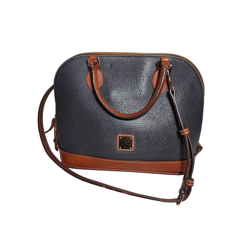 Dooney & Bourke Zip Zip Satchel‎ Navy Blue Pebbled Leather Tan Trim Dome Bag - Picture 5 of 13